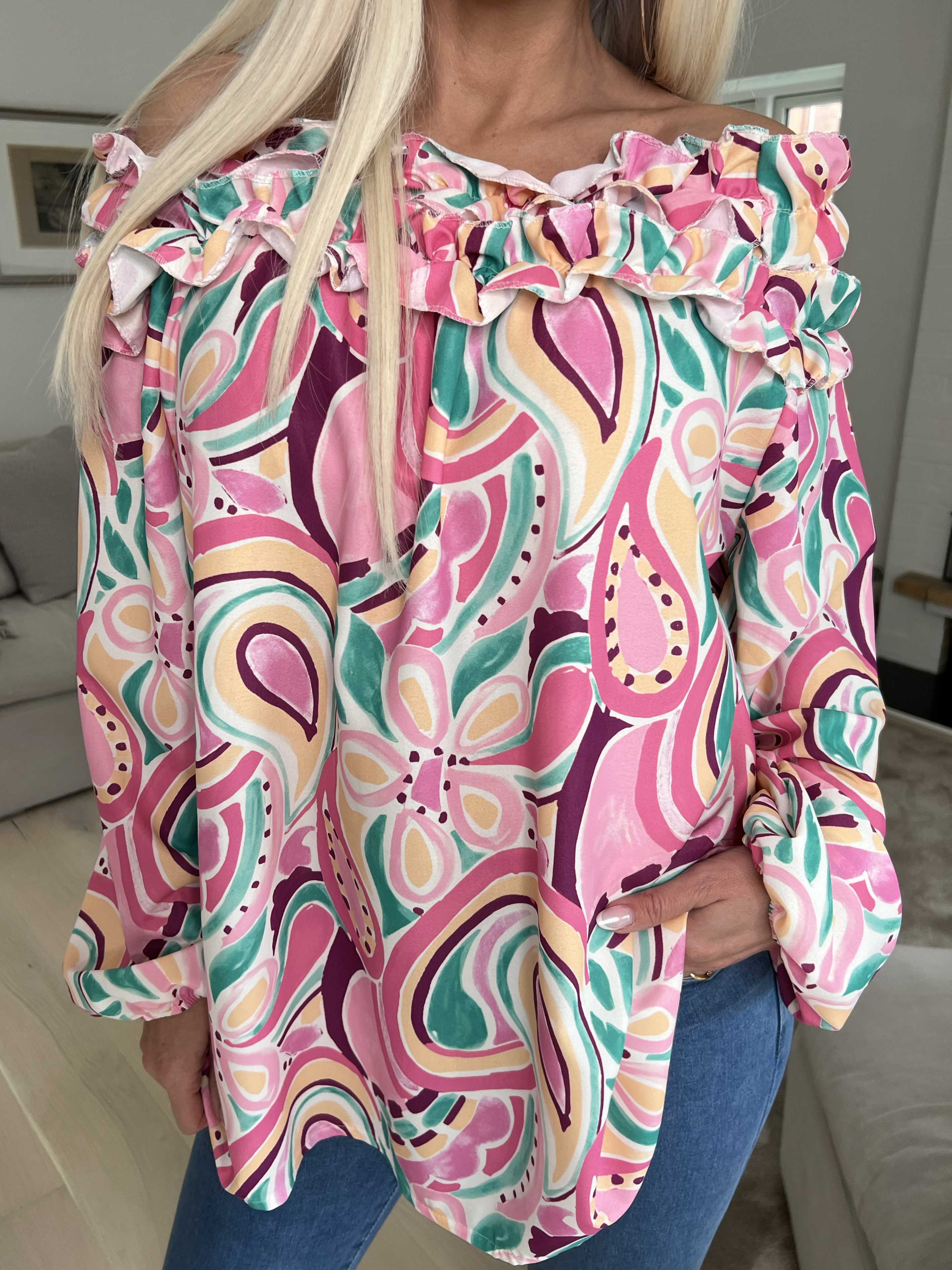 Chili Pattern - Langærmet mønstret tunika med flæser